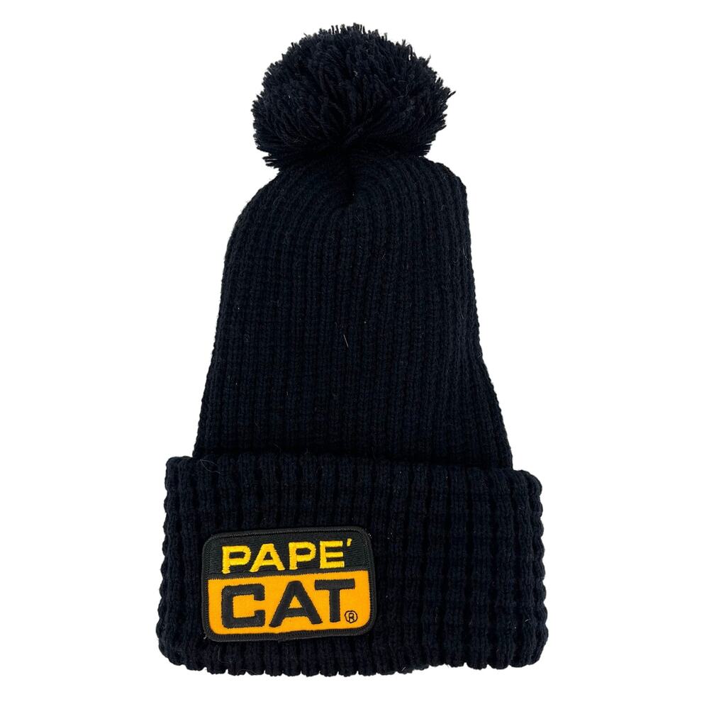 Pape CAT Unisex Black Bobble Winter Ribbed Pom Pom Hat Yellow Logo Beanie